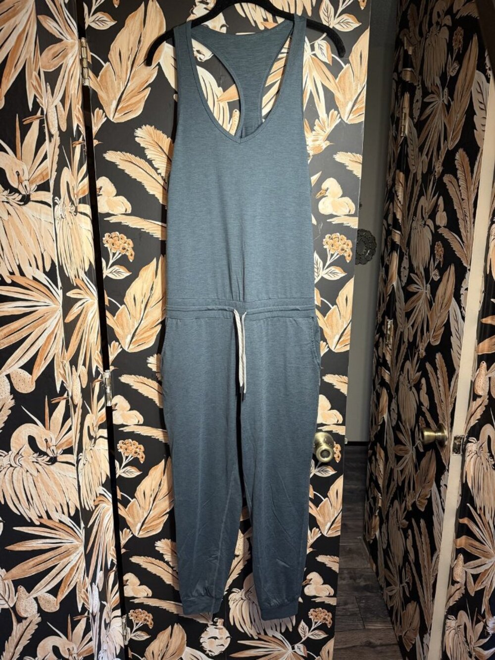 Vuori Lux V-Neck Racerback Jumpsuit Green Blue Pockets Size M